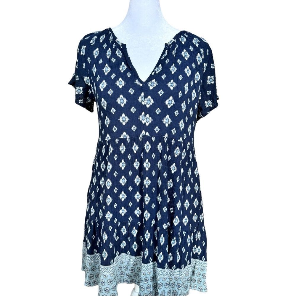 Knox Rose Short Sleeve Blue White Diamond Print Flowy Notch Neck Boho Dress. XS.